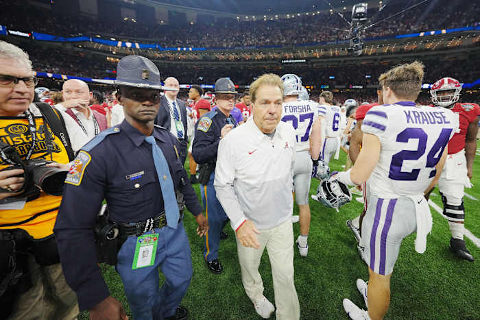 Dec 31, 2022; New Orleans, LA, USA; Alabama Crimson Tide head coach Nick Saban following the victory against the Kansas State Wildcats in the 2022 Sugar Bowl at Caesars Superdome.